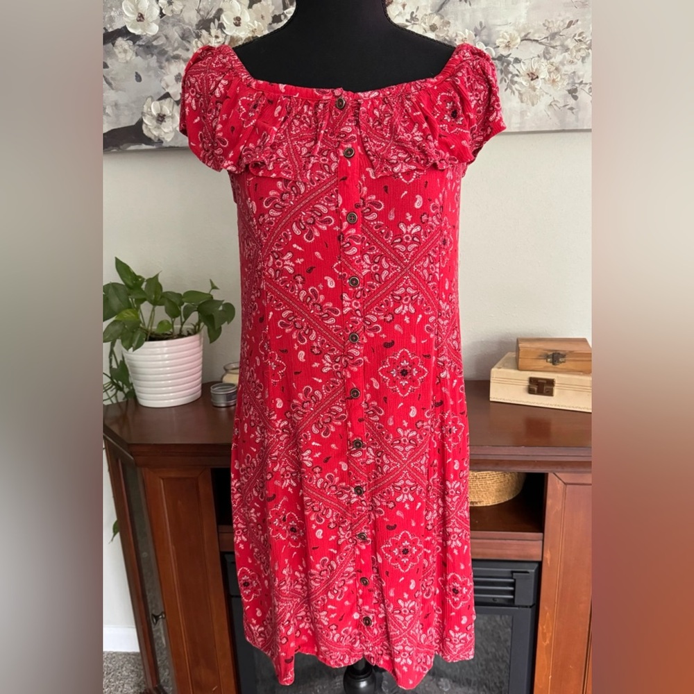 Mudd Red Paisley Off the Shoulder Button Up Dress XS